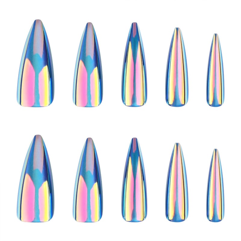 SINHOT Stiletto Press on Nails Long - Long Fake Nails, Glossy Finish, Blue Cat Eye & Chrome, DIY Artificial False Nail Art - 24 Pcs Nail Kit with Glue - Image 5